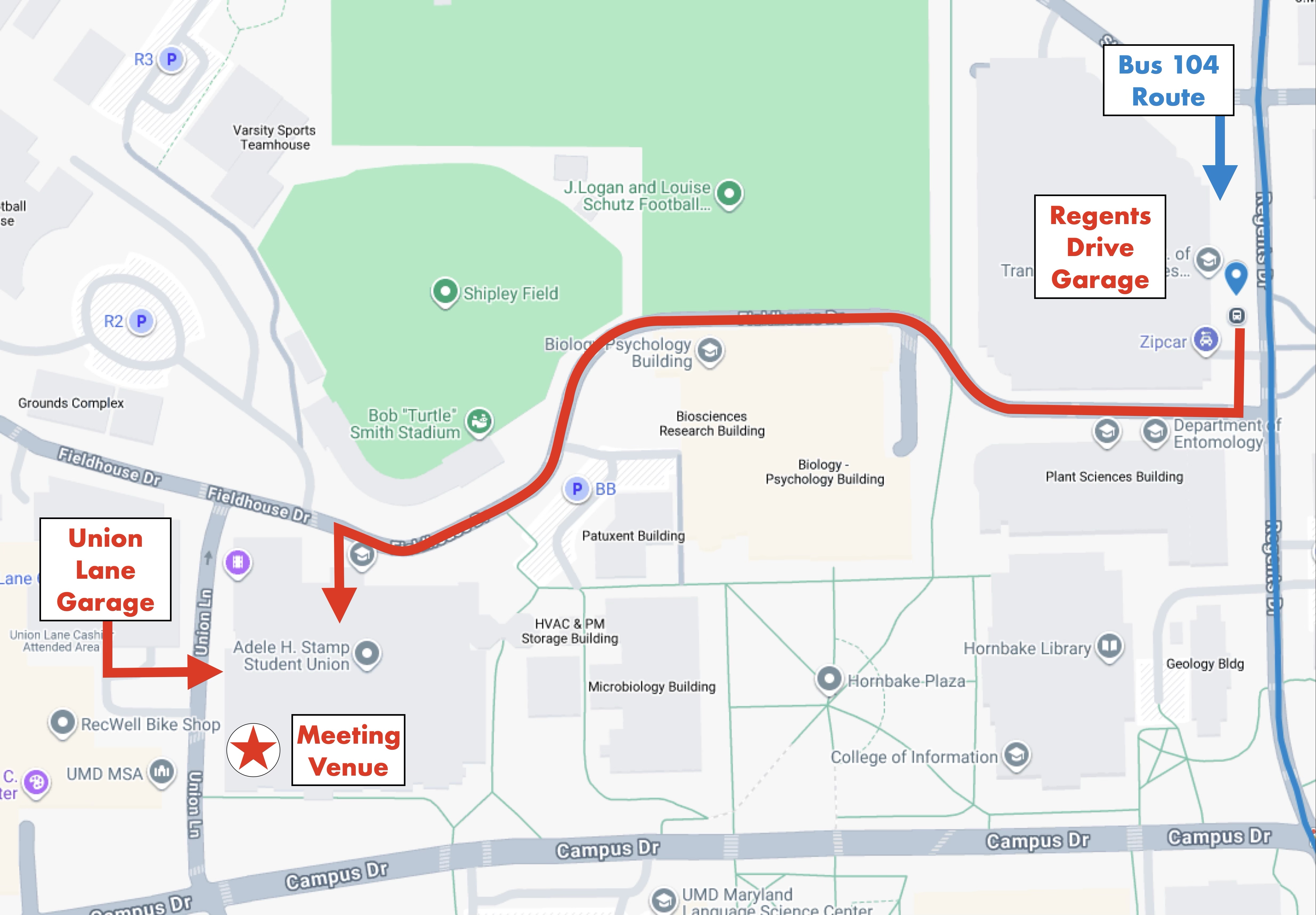 Map showing the path from the Regents Drive Garage bus stop to the meeting venue